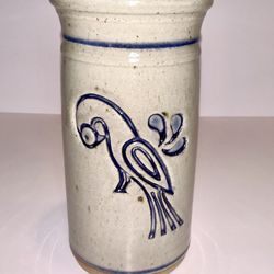 German Stoneware Vase / Utensil Crock LEITZ MÜNSTER 1990 Signed Blue Bird