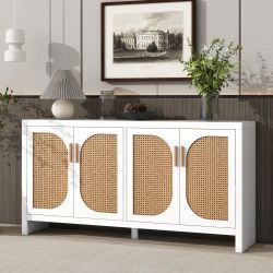 60” White Sideboard / Storage Cabinet w/ 4-Rattan Cane Doors / Adjustable Shelves [NEW IN BOX] **Retails for $270  **Assembly Required**