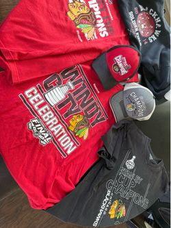 Chicago Blackhawks Champs 2010, 2013, 2015 vintage large t-shirts plus two hats and sweatshirt all for $140. All sacred sports memorabilia from Chicag