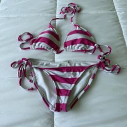 🩷 Forever 21 Pink & White Striped Triangle Bikini Set – Adjustable Tie Sides – Size Small