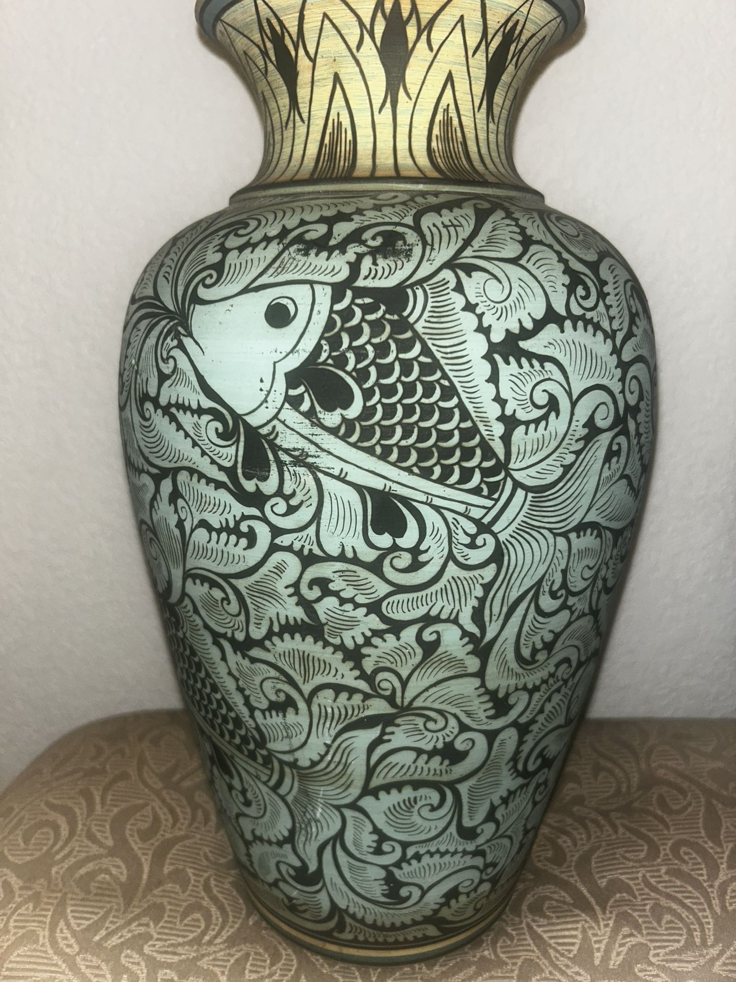 LARGE ASIAN CELADON FISH VASE