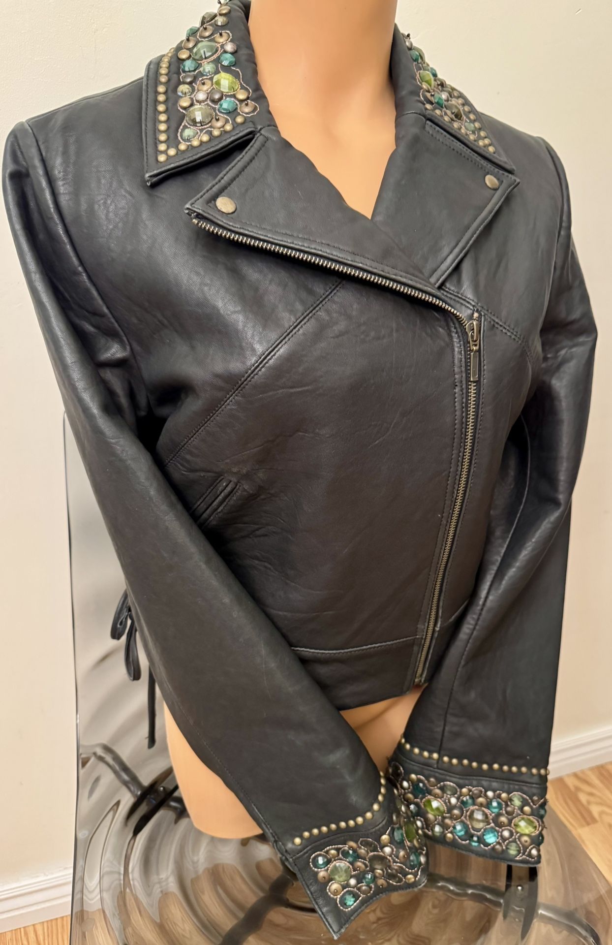 Double D Ranch Leather Jacket Rare Bejeweled Women’s Large Black Western Cross.