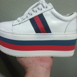 Gucci Womens Peggy Leather Web Trainers Platform Lace Up Sneaker size 6