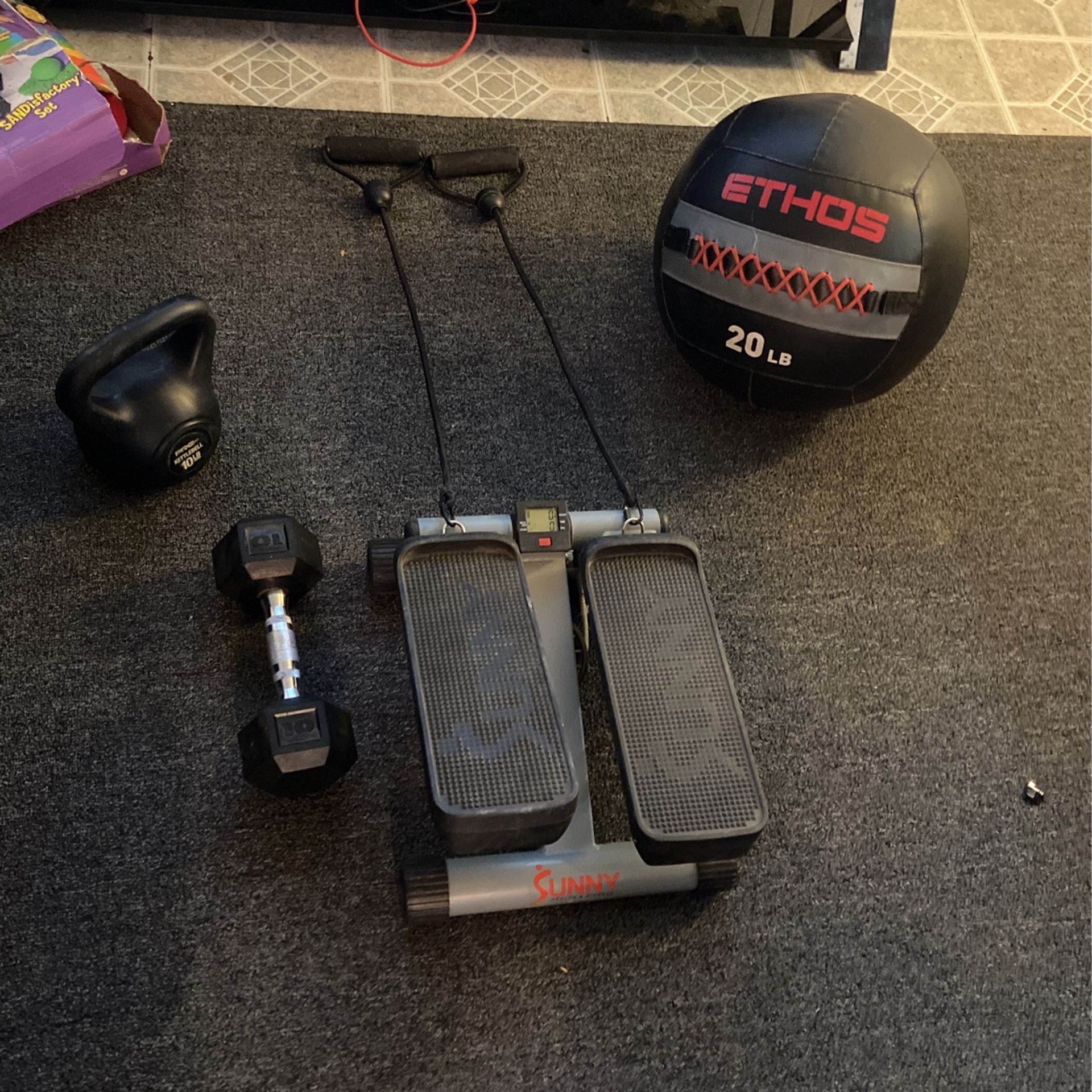 Sunny Health And Fitness Mini Stepper With LCD Monitor 10lb Kettlebell 10 Lb Dumbbell And 20 Lb Medicine Ball