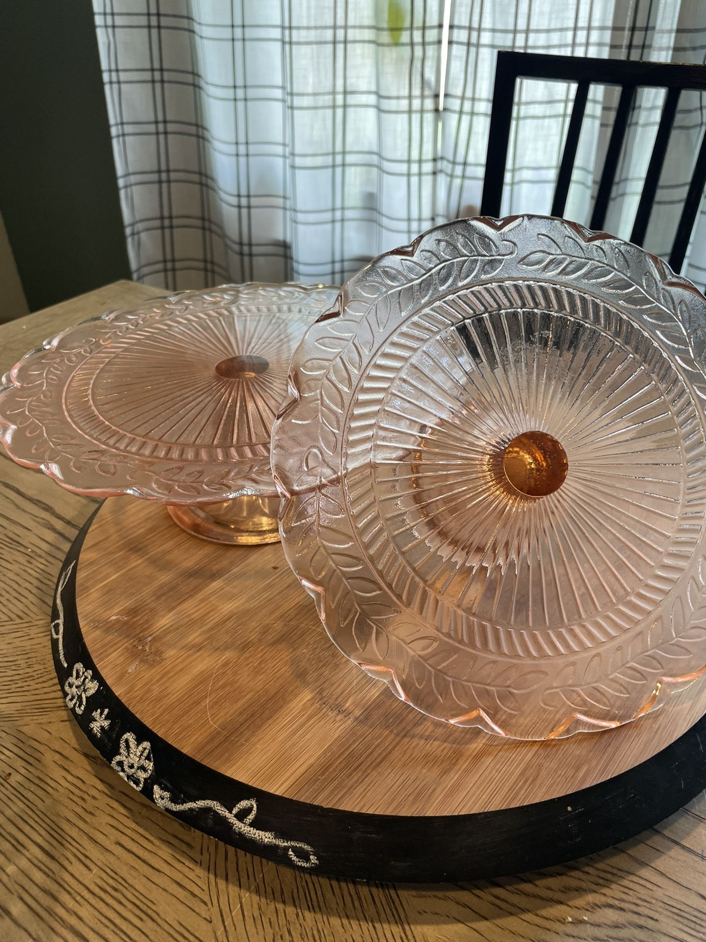 Vintage Laurel Leaf Pattern pink Depression Glass Cake Stands