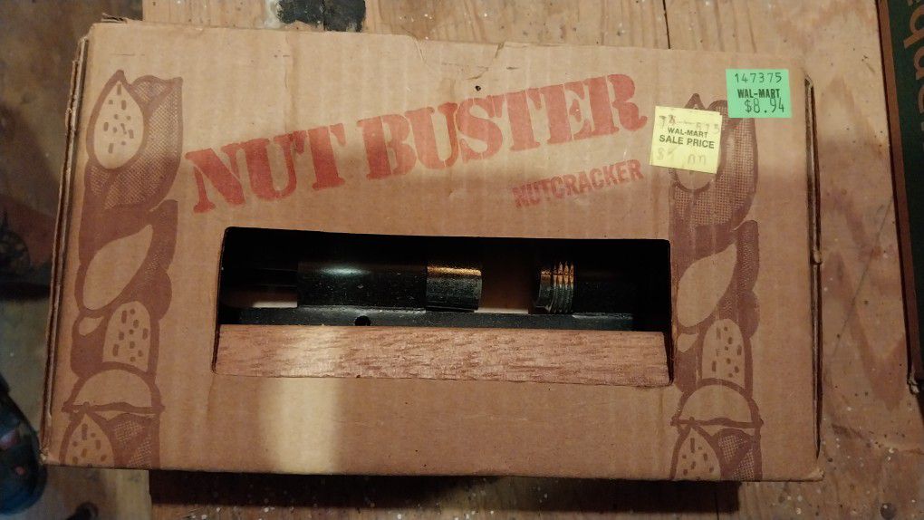 Vtg Nut Buster Nutcracker USA Adjustable Metal On Wood Base Serving Party Art
