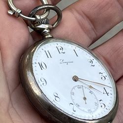 Vintage Sterling Silver Longines Pocket Watch With Sterling Silver Chain In Great Condition, Works Good Trade For Wrist Watch 