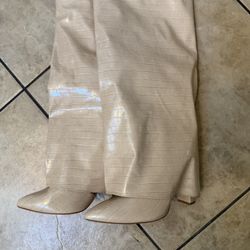 Cream Embossed Fold over Patent Leather Boots