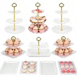 10 Pcs Cake Stand White Plastic Dessert Table Stand Set 4 Pcs 3 Tired Cupcake Display Stands Cookie Tray Rack Serving Tray Cake Display Tower And 6 Pc