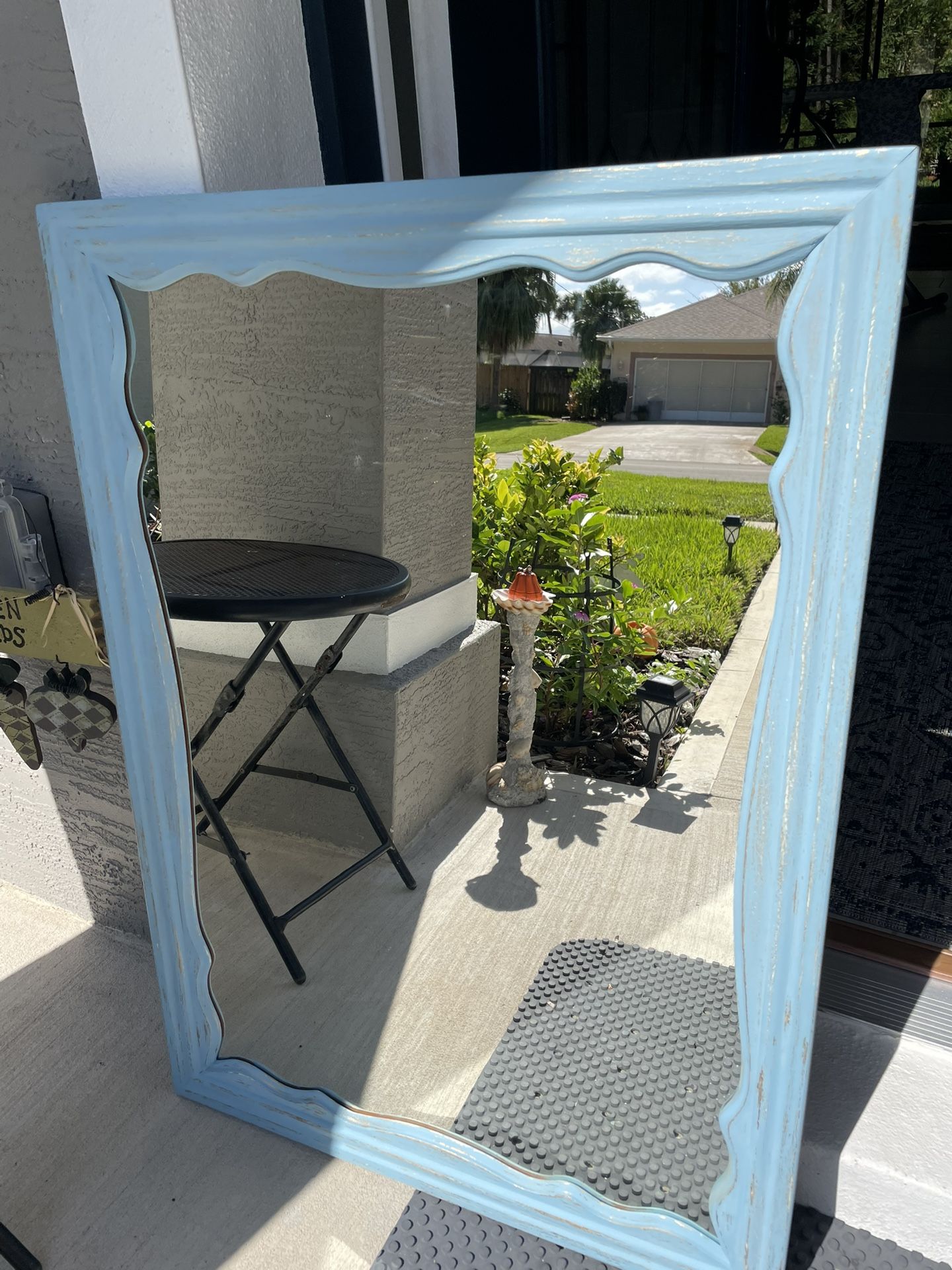 NEW MIRROR carved wood cedar frame shabby chic antique blue & gold coastal style. 25-35’’
