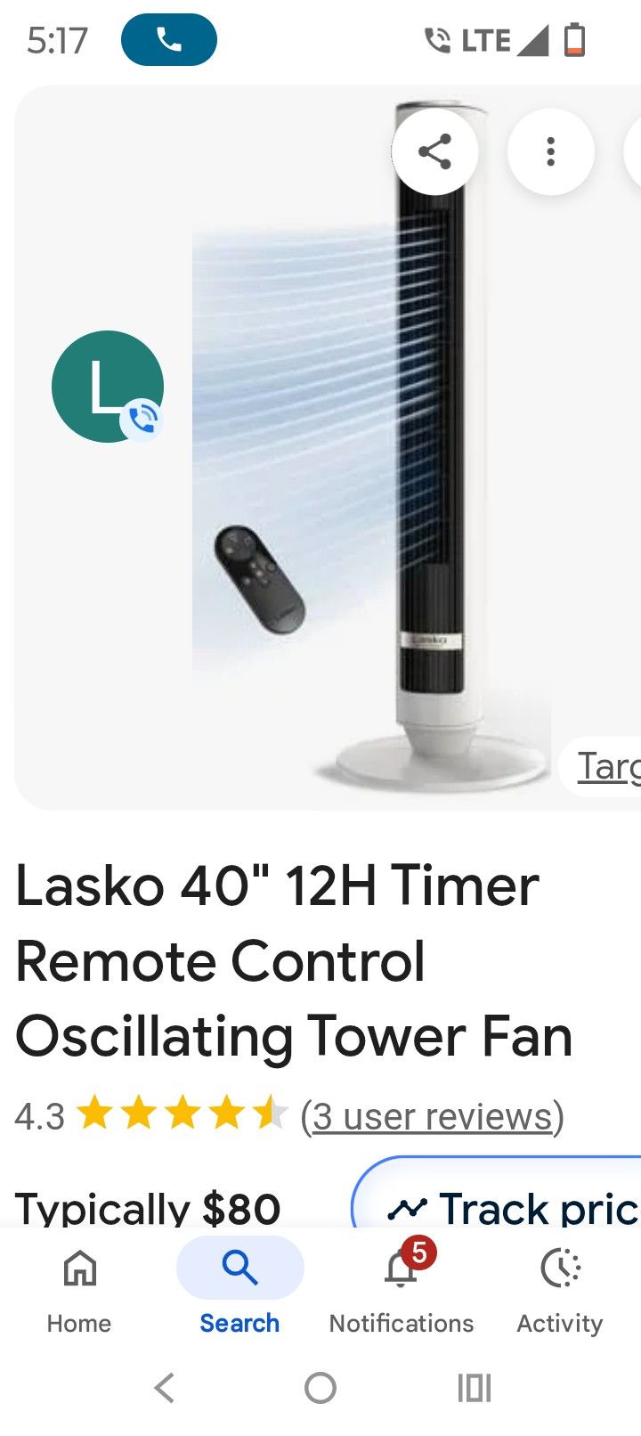 Lasko 40 In Tower Fan Remote Control New