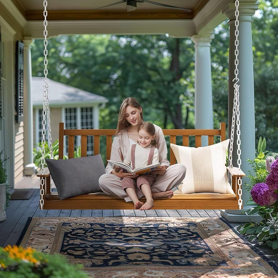 E229 $130 Porch Swing Outdoor, Wooden Patio Swing with Armrests, Adjustable Chains, Heavy Duty 793 Lbs, 5ft Bench Swing for Yard Garden, Brown Color