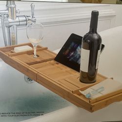 New In The Box Bamboo Bathroom Caddy With Foldable Book Stand,SoapDish,and Drink Holder. Measurements In Photos