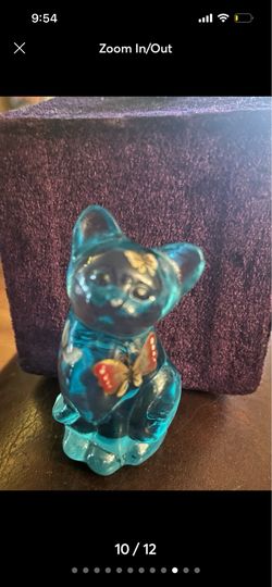 Fenton Blue Glass Sitting Kitten Hand Painted Butterflies “Butterfly Kisses”