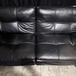 Black Leather Sofa Bed & 3 Wooden Stools