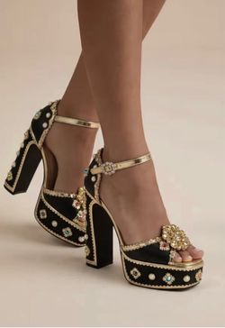 New Women’s Black Satin Gold Trim Jeweled Platform Heels
