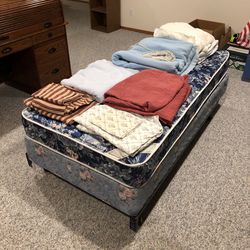 Twin Bed Frame, Box Spring, Mattress, Pads, Sheets, Blanket, Electric Blanket, Duvet 
