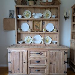 Rustic Pine Sideboard Buffet Hutch, Farmhouse Style 