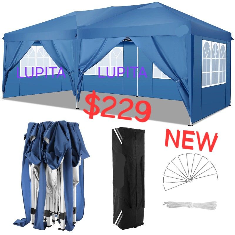 10' X 20' Pop-Up Canopy Tent Commercial Instant Shelter Outdoor Beach Camping With 6 Sidewalls For Parties Gazebo With Carry Bag

