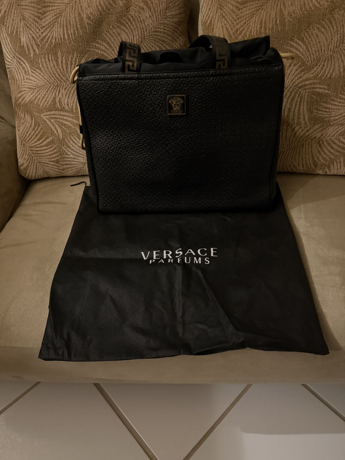 Authentic Versace Faux Leather Black Drawstring Tote Bag W/ Dust Cover