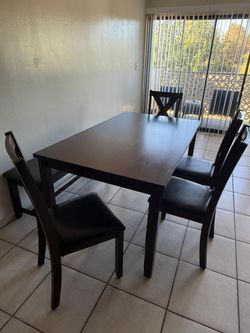 Dining Table Set 4 Chairs and Bench Dark Brown Wood