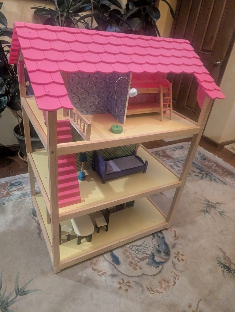 Kid Kraft Wood Dollhouse with Furniture on Wheels