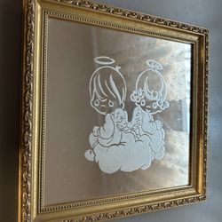 Vintage Etched Mirror Art – Precious Moments Angels in Ornate Gold Frame (14”x14”)