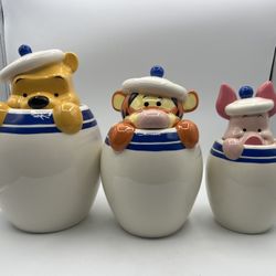Disney Winnie the Pooh Peek-a-Boo White with Blue Stripe 3 Canister Cookie Jars 