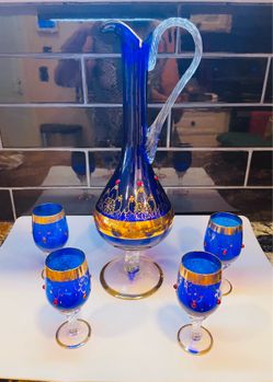 Vintage Italian cobalt blue stunning decanter set with gold gilt