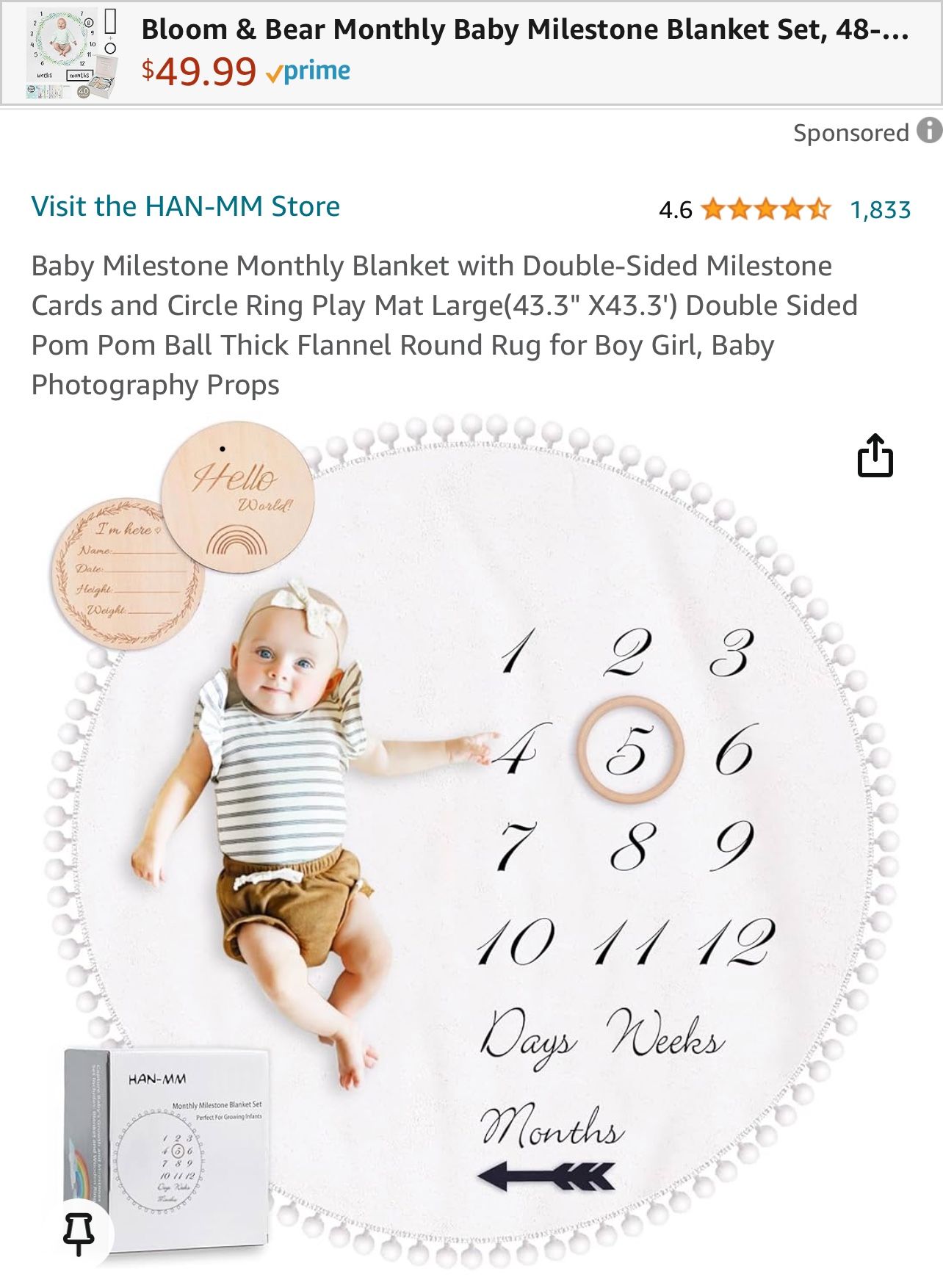 Baby Milestone Monthly Blanket with Double-Sided Milestone Cards and Circle Ring Play Mat Large(