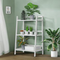 MoNiBloom Bamboo 3 Tiers Trapezoid Plant Stand, Flower Display Storage Shelf Rack, White, for Garden
