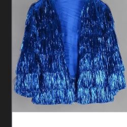 blue tinsel fringe jacket,personalized gift for her,bridal jacket,wedding jacket,birthday party jacket,handmade clothing,tinsel jacket  Sizes S/m/L/