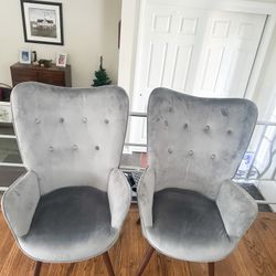 2 Gray Velvet Mid Century Style Upholstered Accent Chairs