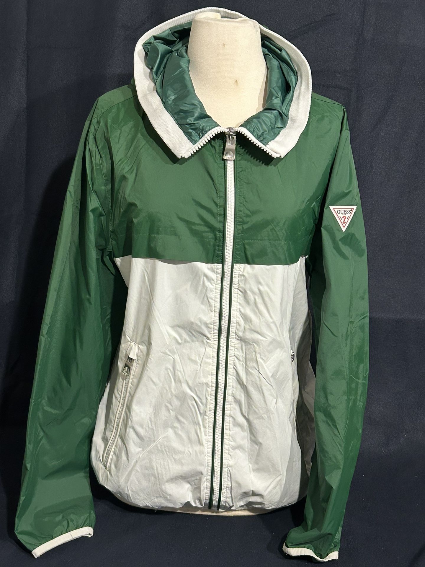 Guess Men's Green Hooded Zip-Up Weather Resistant Rain Coat Jacket Size Small