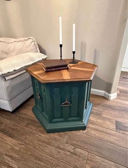 Vintage Hexagonal Wood Side End Table With Storage Compartment