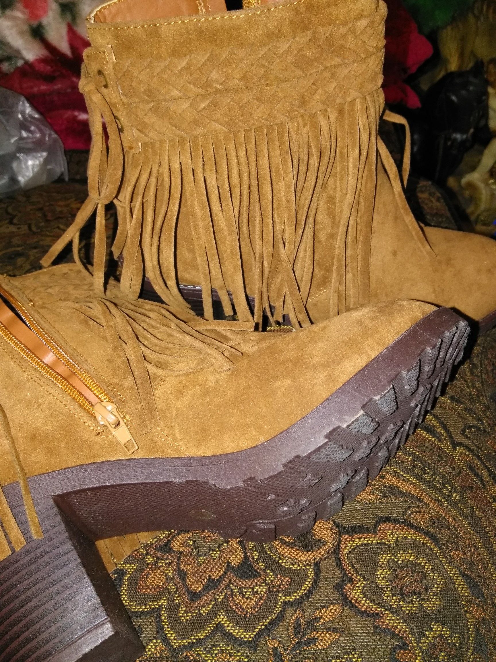 Brown fringe suede ankle boots