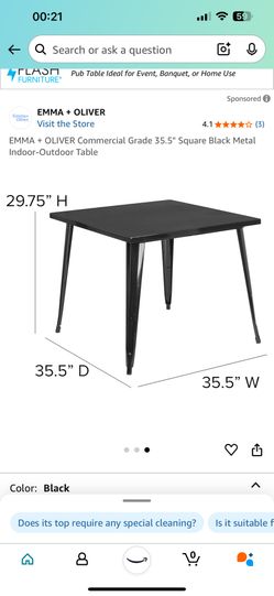 Commercial Grade 35.5" Square Black Metal Indoor-Outdoor Table