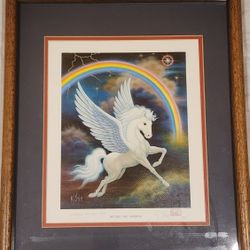 K. Chin Signed Fantasy Art Print Unicorn/Pegasus Rainbow Framed 