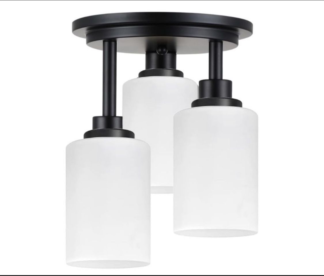 Semi Flush Mount Ceiling Light,3 Lights Milky Frosted Glass Shade, Matte Black Finish
