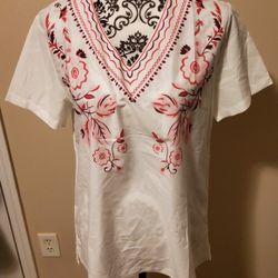 Women Floral Printed V Neck Short Sleeves Top Size Large
