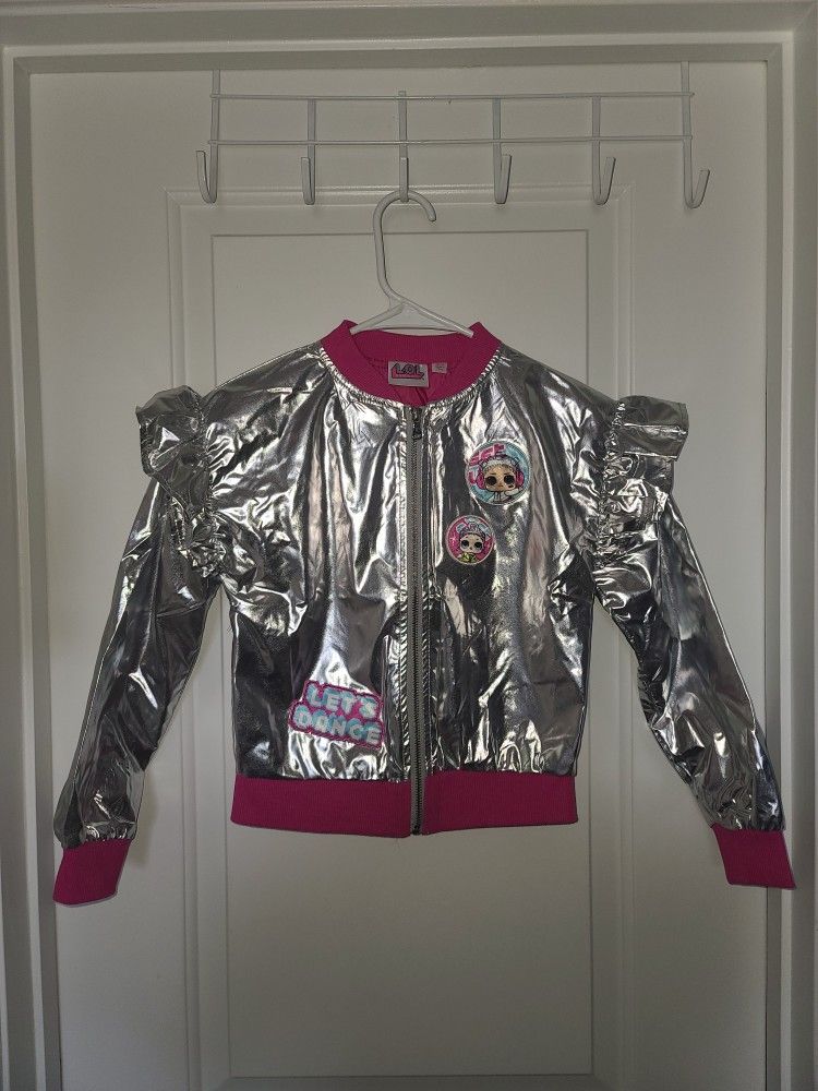 LOL Surprise Youth Girl's Metallic Zip Jacket LOL Surprise Sz MD(7/8). Silver/Pink (Ts-E2)