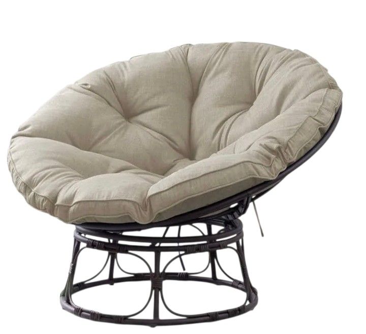 Boho Papasan Chair – Rattan Base – Plush Beige Cushion – Cozy Lounge Seating
