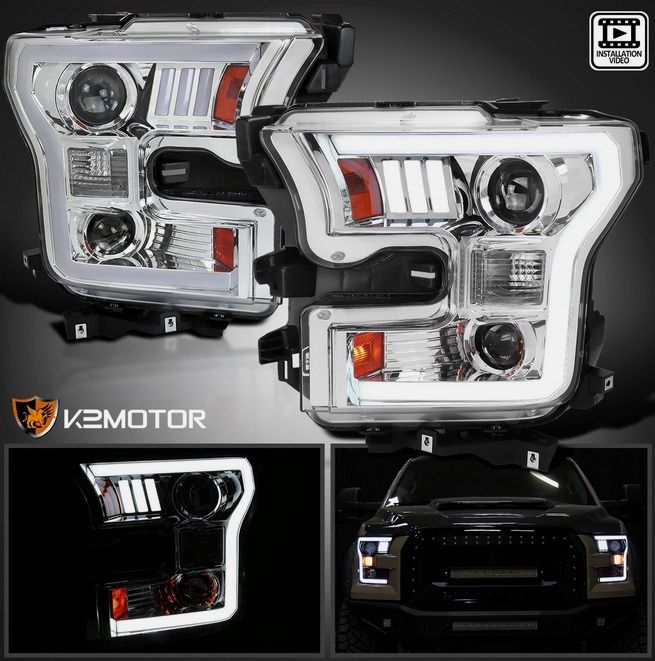 Fits 2015-2017 Ford F150 Projector Headlights LED Strip Tube Lamps Left+Right
