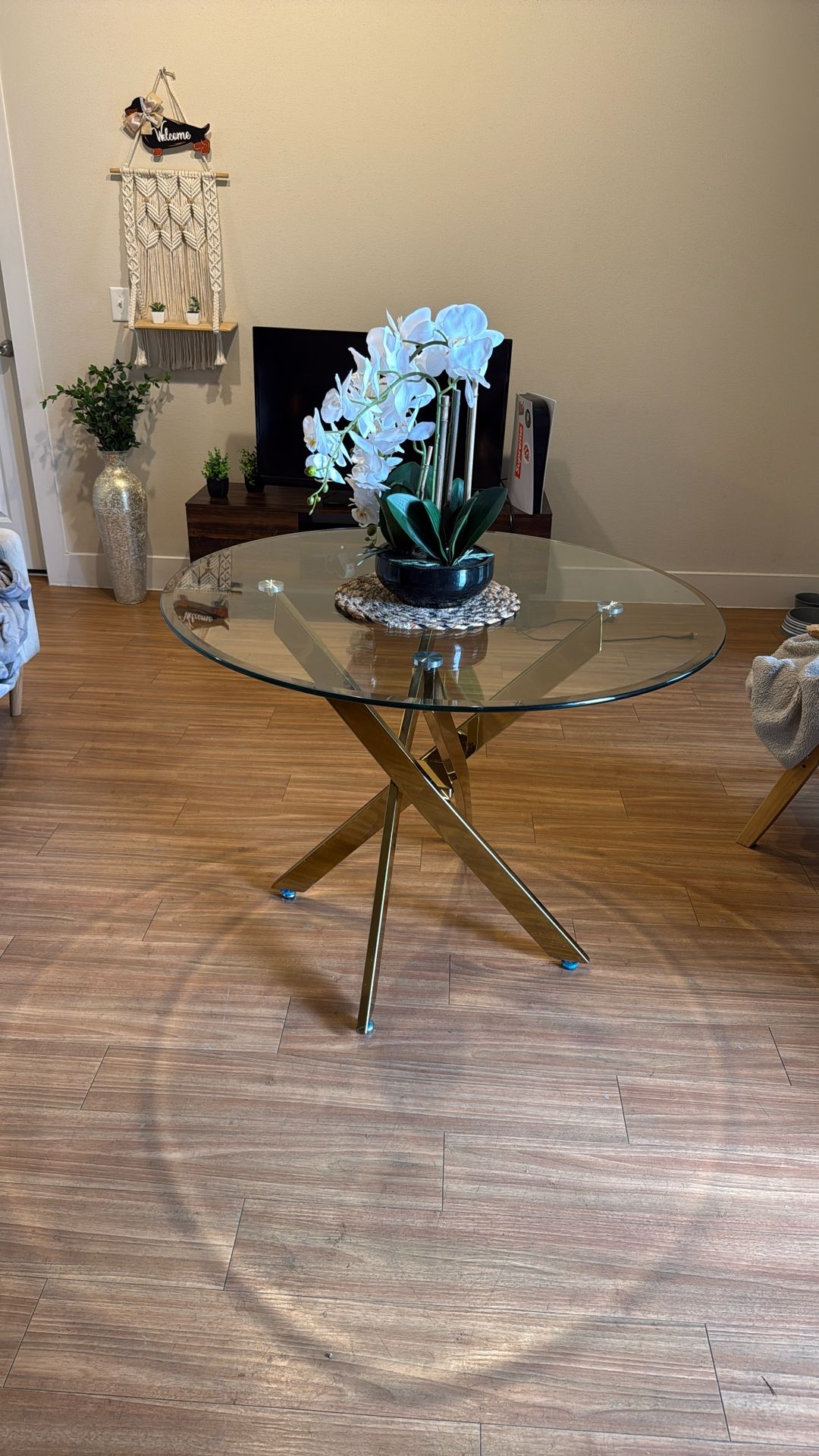Round Glass Dining Table With Gold Details (Pick Up Only)