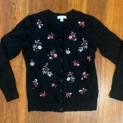 Black Charter Club Cardigan With Flower Embroidery Size Small