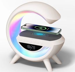 Alarm Clock with Wireless Charging Station, Bluetooth Speaker with Atmosphere lamp, LED Wireless Charging Speaker Alarm Clock for Bedroom Decor Aesthe
