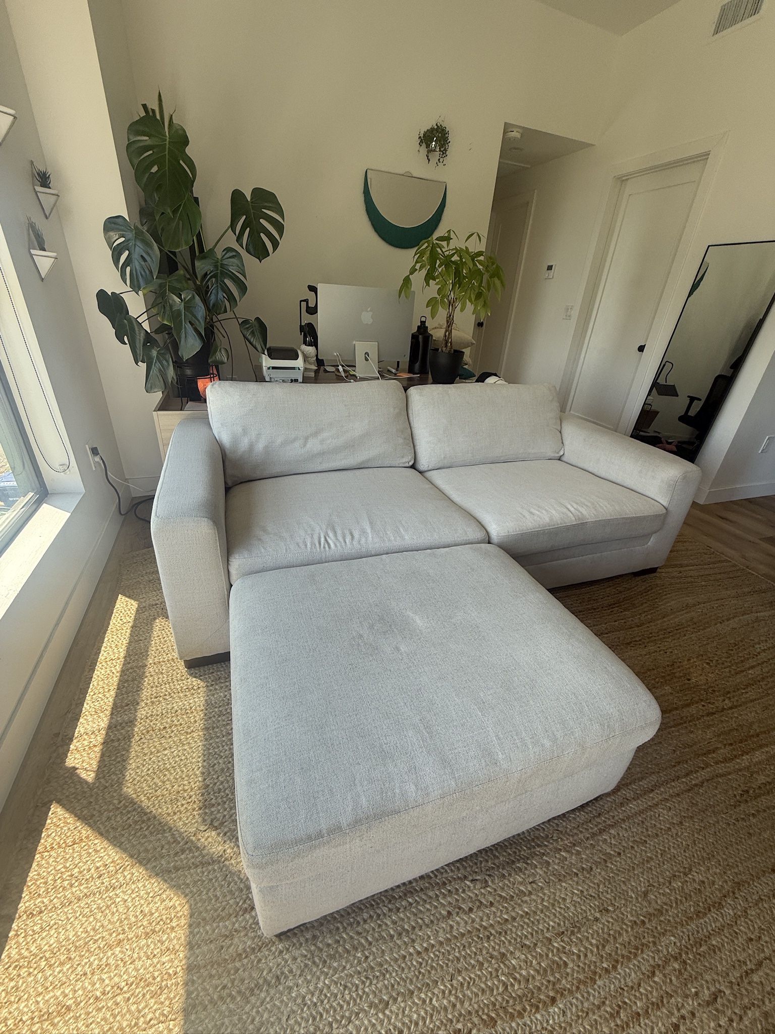 Mason White Linen 89" Fabric Sofa Couch W/ Mason Fabric Ottoman