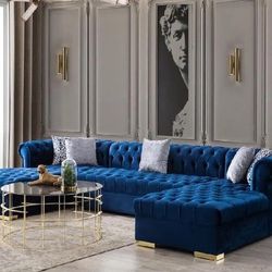 Lauren Velvet Navy Double Chaise Sectional /couch /Living room set
