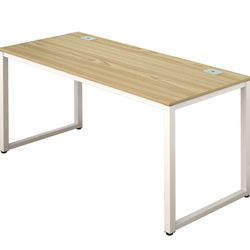 Office 55-Inch Large Computer Desk, 24" Deep, White Frame with Oak Top