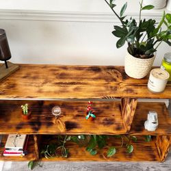 Rustic Handmade Wood Shelf | Burnt Wood Decorative 3-Tier Console Table